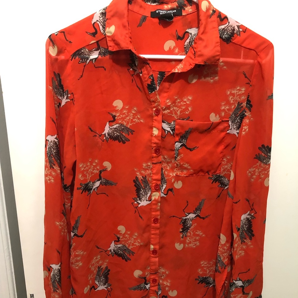 Classy & chic sheer long sleeved flowy blouse with cranes - SMALL